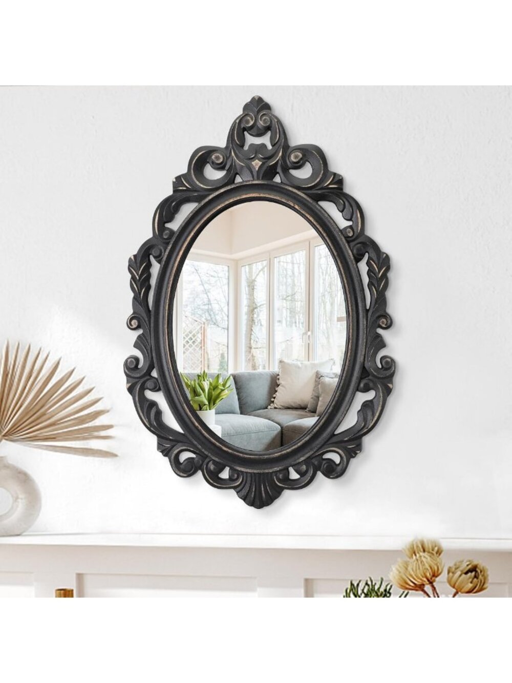 Vintage Black Oval Wooden Frame Wall Mirror - Baroque Style Decorative Antique